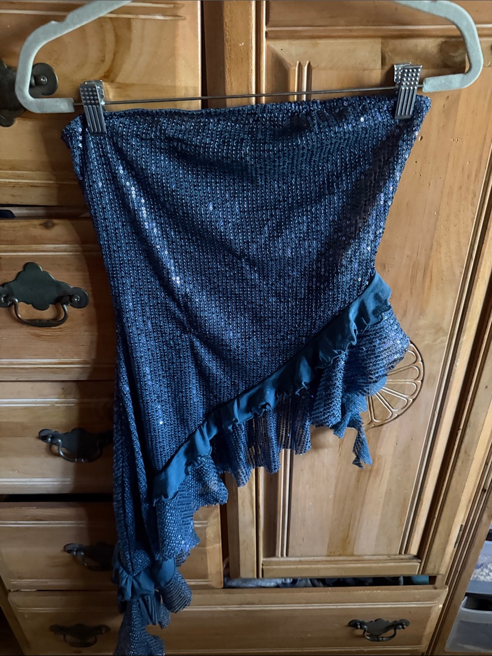 Free People Navy Blue Sequin Asymmetric Skirt with Ruffle Fringe